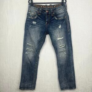 Rock Revival Dashaw Straight Jeans Men’s 34x30.5 Distressed Blue Thick Stitch